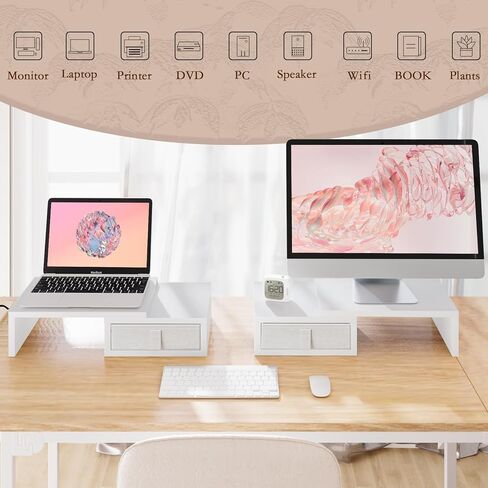 تيمكس حامل شاشة من قطعتين مع درجين - حامل شاشة ابيض قابل للتعديل الطول والزاوية مع مساحة تخزين كبيرة للكمبيوتر لشاشتين / لاب توب / كمبيوتر شخصي / شاشة خشبية/حامل تلفزيون منظم مكتب in Kuwait