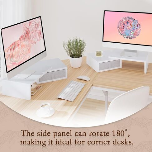 تيمكس حامل شاشة من قطعتين مع درجين - حامل شاشة ابيض قابل للتعديل الطول والزاوية مع مساحة تخزين كبيرة للكمبيوتر لشاشتين / لاب توب / كمبيوتر شخصي / شاشة خشبية/حامل تلفزيون منظم مكتب in Kuwait