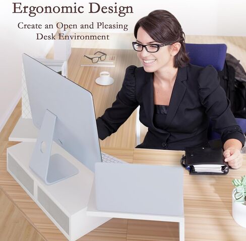 تيمكس حامل شاشة من قطعتين مع درجين - حامل شاشة ابيض قابل للتعديل الطول والزاوية مع مساحة تخزين كبيرة للكمبيوتر لشاشتين / لاب توب / كمبيوتر شخصي / شاشة خشبية/حامل تلفزيون منظم مكتب in Kuwait