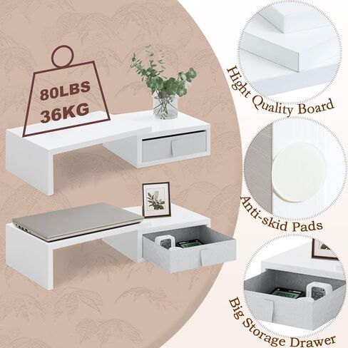 تيمكس حامل شاشة من قطعتين مع درجين - حامل شاشة ابيض قابل للتعديل الطول والزاوية مع مساحة تخزين كبيرة للكمبيوتر لشاشتين / لاب توب / كمبيوتر شخصي / شاشة خشبية/حامل تلفزيون منظم مكتب in Kuwait