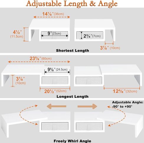 تيمكس حامل شاشة من قطعتين مع درجين - حامل شاشة ابيض قابل للتعديل الطول والزاوية مع مساحة تخزين كبيرة للكمبيوتر لشاشتين / لاب توب / كمبيوتر شخصي / شاشة خشبية/حامل تلفزيون منظم مكتب in Kuwait