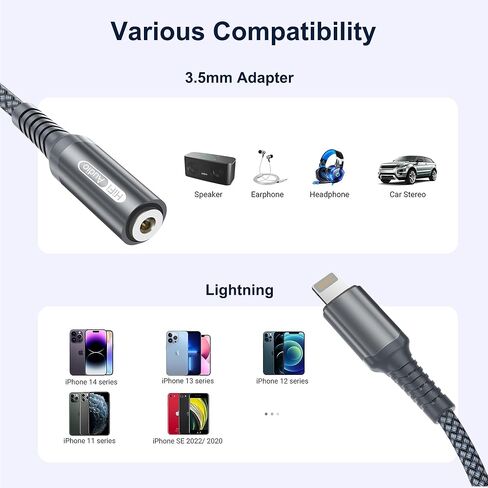 محول مقبس سماعة الرأس Basesailor iPhone Lightning إلى 3.5 مم، محول صوت Apple مضفر من النايلون المعتمد من MFI إلى Aux Dongle لهاتف iPhone 14 13 12 11 Plus Pro Max SE Xs Xr X 8 7، iPad 8th 9 الجيل التاسع in Kuwait