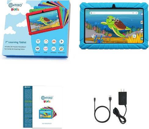 Contixo Kids Tablet Bundle V8, 7-inch HD, Ages 3-7 Toddler Learning Tablet with Camera, WiFi, Parental Control & Kid Safe Bluetooth On The Ear Headphones Bundle Purple, Perfect for Back to School in Saudi Arabia