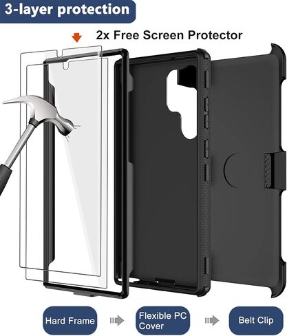 RubCase for Samsung Galaxy S22 Ultra Case with Belt Clip Holster, 2X Glass Screen Protector, Heavy Duty Military Grade Full Body Shockproof Rugged Protective Cover for Samsung S22 Ultra 5G in Kuwait