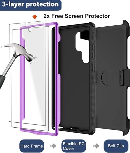 حافظة RubCase لهاتف Samsung Galaxy S22 Ultra مع حافظة بمشبك حزام، وواقي شاشة زجاجي 2X، غطاء حماية متين مقاوم للصدمات لكامل الجسم من الدرجة العسكرية لهاتف Samsung S22 Ultra 5G in Kuwait