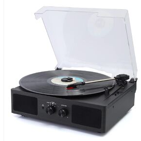 مشغل تسجيل فينيل مع بلوتوث، ومكبرات صوت مدمجة من هيرنيوم ومخرج بلوتوث، محرك أقراص دوارة بسرعتين، خرطوشة مغناطيسية عتيقة، سجل فونوغراف (أسود) in Kuwait