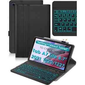 حافظة لوحة المفاتيح بإضاءة خلفية من DETUOSI لجهاز Samsung Galaxy Tab A7 Lite 8.7 بوصة 2021 (SM-T220/T227U) مع حامل قلم S، غطاء جلدي قابل للطي بـ 3 زوايا عرض مع إغلاق مغناطيسي + لوحة مفاتيح لاسلكية قابلة للفصل in Kuwait