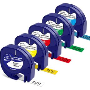بديل لصانع الملصقات Dymo LetraTag عبوات بلاستيكية 91331 91332 91333 91334 91335 12 مم × 4 م 1/2 × 13 متوافق مع صانع الملصقات Dymo LetraTag LT-100H LT-100T QX50، 5 عبوات in Kuwait
