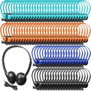 Hoteam 100 Pack Headphones for Classroom Bulk Students Adjustable Headphones Wired Pack Black Over The Head Earphones with 3.5 mm Plug for School Library Museums Charity Donate Giveaway(Mixed Colors)