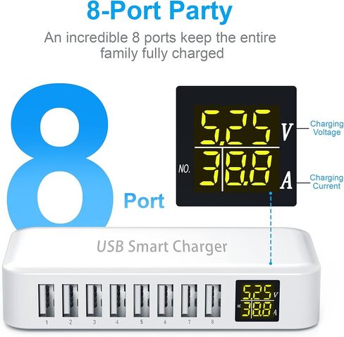 محطة شحن USB، محطة شحن USB Ziwodiv ذات 8 منافذ 60 وات/12 أمبير، محور شحن USB-A متعدد المنافذ مع شاشة LED، شاحن سطح مكتب مدمج لأجهزة متعددة، iPhone iPad Samsung Android والكمبيوتر اللوحي in Kuwait
