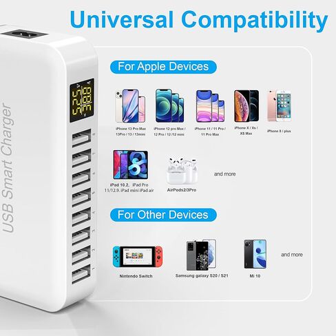 محطة شحن USB، محطة شحن USB Ziwodiv ذات 8 منافذ 60 وات/12 أمبير، محور شحن USB-A متعدد المنافذ مع شاشة LED، شاحن سطح مكتب مدمج لأجهزة متعددة، iPhone iPad Samsung Android والكمبيوتر اللوحي in Kuwait