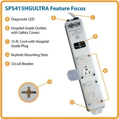 Eaton Tripp Lite SPS610HGRA Medical-Grade Surge Protector Power Strip for Hospitals & Nursing Homes, 6 Outlets, 10ft Power Extension Cord with Flat Plug, 1050 Joules, On/Off Switch, UL 1363 Certified in Kuwait