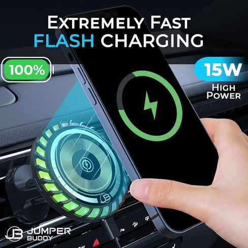 JUMPER BUDDY for MagSafe Magnetic Phone Mount Wireless Charger | Music Reactive Lights - Car Cell Phone Holder | Car Mount Universal Air Vent Clip Car Charger for iPhone 14/13/12, 360° Rotation in Saudi Arabia