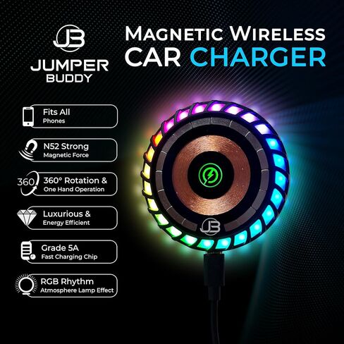 JUMPER BUDDY for MagSafe Magnetic Phone Mount Wireless Charger | Music Reactive Lights - Car Cell Phone Holder | Car Mount Universal Air Vent Clip Car Charger for iPhone 14/13/12, 360° Rotation in Saudi Arabia