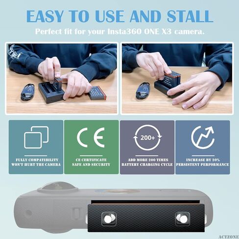 اكت زون بطاريتان وقاعدة شحن USB كويك 3 قنوات لبطارية كاميرا انستا 360 ون X3 (غير مقاومة للماء) in Kuwait