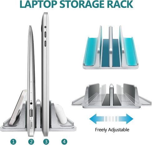 Vertical Laptop Stand for Desk Metal Heavy Duty, 4 Slots Adjustable 4in1 Vertical MacBook Stand Rack Pro Holder Compatible w' All Surface Dell Samsung HP Chromebook Upto 17.5' - Sliver in Saudi Arabia