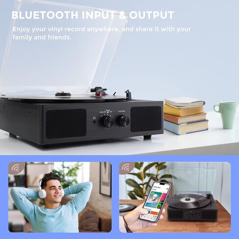 مشغل تسجيل فينيل مع بلوتوث، ومكبرات صوت مدمجة من هيرنيوم ومخرج بلوتوث، محرك أقراص دوارة بسرعتين، خرطوشة مغناطيسية عتيقة، سجل فونوغراف (أسود) in Kuwait