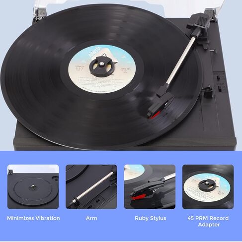 مشغل تسجيل فينيل مع بلوتوث، ومكبرات صوت مدمجة من هيرنيوم ومخرج بلوتوث، محرك أقراص دوارة بسرعتين، خرطوشة مغناطيسية عتيقة، سجل فونوغراف (أسود) in Kuwait