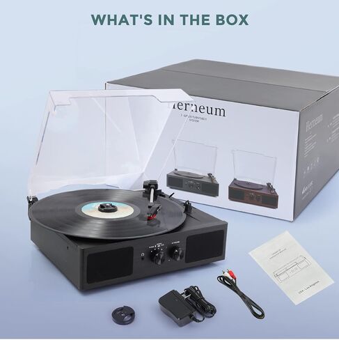 مشغل تسجيل فينيل مع بلوتوث، ومكبرات صوت مدمجة من هيرنيوم ومخرج بلوتوث، محرك أقراص دوارة بسرعتين، خرطوشة مغناطيسية عتيقة، سجل فونوغراف (أسود) in Kuwait