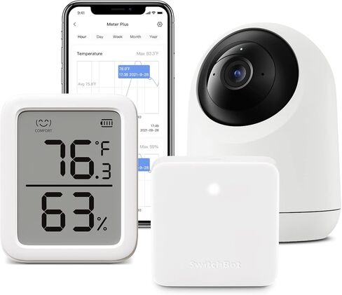 حزمة كومبو SwitchBot Smart Home Combo: كاميرا داخلية Pan Tilt 2K، ومقياس حرارة دقيق للرطوبة، وHub Mini - مراقبة الكل في واحد، ومراقبة البيئة والتحكم الآلي لتوفير الراحة والأمان in Kuwait