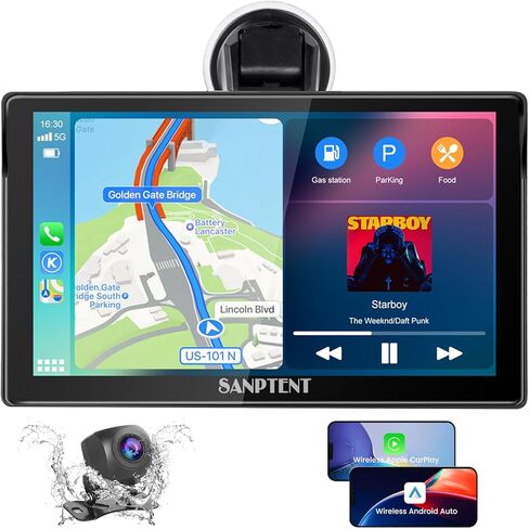 SANPTENT Portable Car Stereo Wireless Apple CarPlay & Android Auto, 7-Inch Full HD Touchscreen, Car Radio Audio Receiver Drive Screen, Drivemate, Rear Camera, Handsfree Voice Control, TF/USB/AUX Input in Kuwait