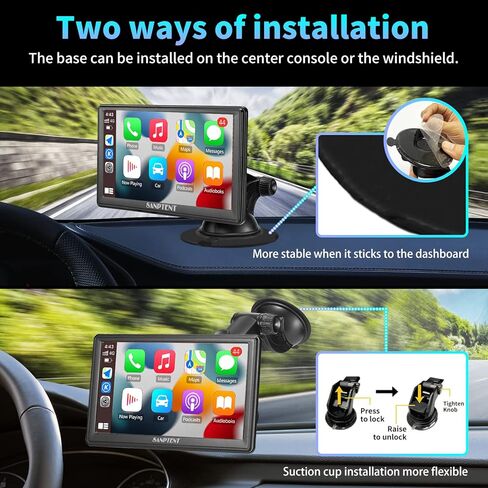 SANPTENT Portable Car Stereo Wireless Apple CarPlay & Android Auto, 7-Inch Full HD Touchscreen, Car Radio Audio Receiver Drive Screen, Drivemate, Rear Camera, Handsfree Voice Control, TF/USB/AUX Input in Kuwait