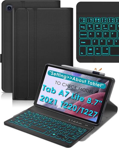 حافظة لوحة المفاتيح بإضاءة خلفية من DETUOSI لجهاز Samsung Galaxy Tab A7 Lite 8.7 بوصة 2021 (SM-T220/T227U) مع حامل قلم S، غطاء جلدي قابل للطي بـ 3 زوايا عرض مع إغلاق مغناطيسي + لوحة مفاتيح لاسلكية قابلة للفصل in Kuwait