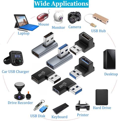 Warmstor 6 حزمة 10 جيجابت في الثانية USB 3.0 ذكر إلى أنثى محول أعلى أسفل يسار يمين 90 درجة زاوية يمين كابل USB موصل تمديد 6 أنواع يدعم سرعة الشحن 3A in Kuwait