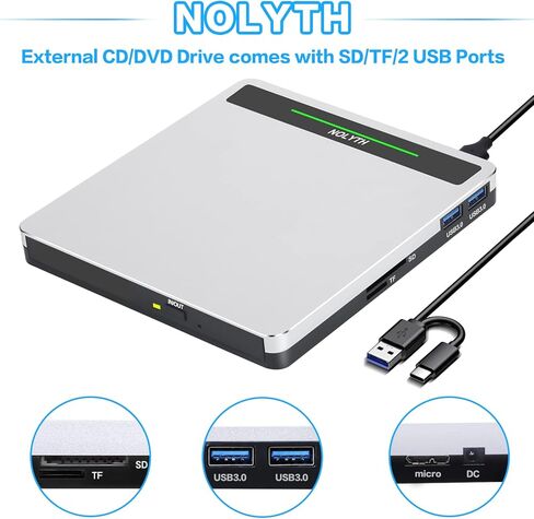 نوليث محرك اقراص سي دي في دي خارجي USB 3.0 نوع سي دي / دي في دي مع منفذ SD/TF/USB، مشغل دي في دي رفيع للاب توب وماك بوك وماك بوك وابل in Kuwait