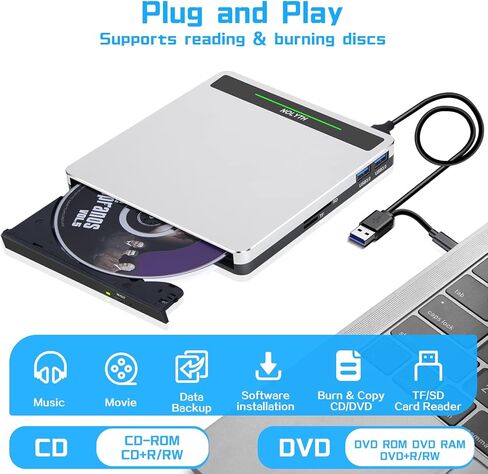 نوليث محرك اقراص سي دي في دي خارجي USB 3.0 نوع سي دي / دي في دي مع منفذ SD/TF/USB، مشغل دي في دي رفيع للاب توب وماك بوك وماك بوك وابل in Kuwait