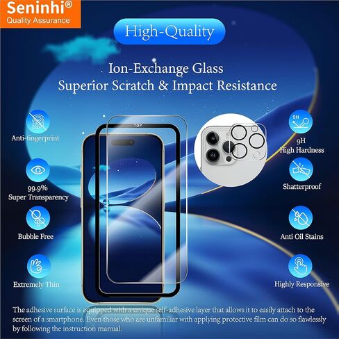 seninhi [3+3 عبوات] واقي شاشة iPhone 15 Pro MAX 3 عبوات + واقي عدسة الكاميرا 3 عبوات، واقي شاشة من الزجاج المقسى [مع إطار سهل التركيب] [صلابة 9H] [مضاد للخدش] [خالٍ من الفقاعات] - شفاف in Kuwait