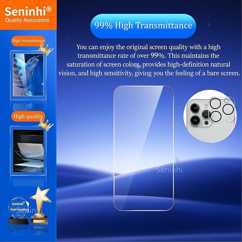 seninhi [3+3 عبوات] واقي شاشة iPhone 15 Pro MAX 3 عبوات + واقي عدسة الكاميرا 3 عبوات، واقي شاشة من الزجاج المقسى [مع إطار سهل التركيب] [صلابة 9H] [مضاد للخدش] [خالٍ من الفقاعات] - شفاف in Kuwait