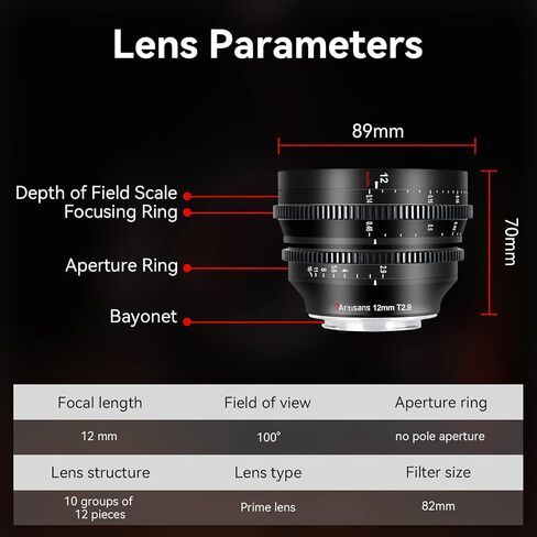 7 Artisans 12mm T2.9 Large Aperture APS-C Ultra Wide Angle Cine Lens, Manual Fixed Focus Low Distortion Cinema Lens Compatible for Sigma FP, Panasonic S1 S1H S5, Leica SL SL2 L-Mount,Black in Saudi Arabia