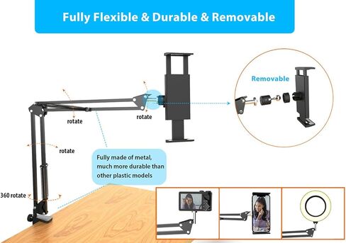 Pozliv Overhead Tripod Mount for Tablet, Desk Arm for 12.9'' iPad Pro Monitor, Flexible Gooseneck Phone Stand Holder in Kuwait