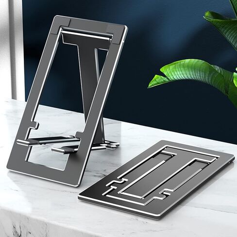 ULIKTO Cell Phone Stand Fully Foldable Height Adjustable Desktop Phone Holder Aluminum Alloy Phone Mount for Desk/Office Compatible with iPhone Samsung S21 S20 iPad Mini Tablets Up to 10" (Silver) in Kuwait