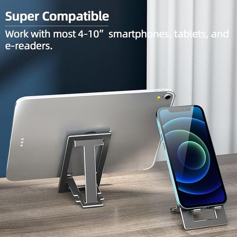 ULIKTO Cell Phone Stand Fully Foldable Height Adjustable Desktop Phone Holder Aluminum Alloy Phone Mount for Desk/Office Compatible with iPhone Samsung S21 S20 iPad Mini Tablets Up to 10" (Silver) in Kuwait