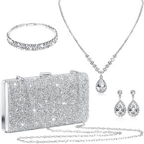 stablerice 4 Pieces Women Rhinestone Evening Clutch Bag Silver Clutch Purses Bag for Women Evening Rhinestone Jewelry Set Bling Necklace Earrings Bracelets Set for Wedding in Saudi Arabia