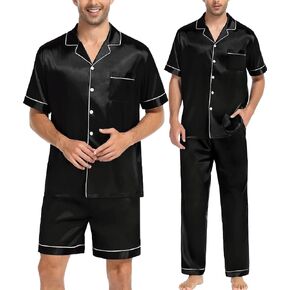 SWOMOG Mens Satin Pajamas Set 3 Pcs Silk Short Sleeve Sleepwear Button Down Pjs Classic Loungewear Nightwear