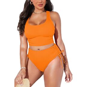 Pink Queen Women's Scoop Neck Racerback Ruched Crop Top High Waisted Bikini Sets 2 Piece Swimsuit Bathing Suit