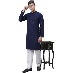 Sojanya (Since 1958, Men's Pure Cotton Mustard Embroidered Sequined Kurta and White Pyjama Set