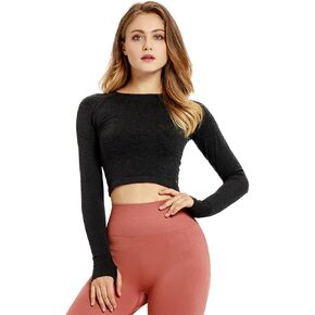 Long Sleeve Workout Shirts for Women Gym Running Seamless Yoga Tops Thumb Hole Cropped Long Sleeve Crop Tops for Women