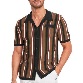 V VALANCH Men’s Short Sleeve Knit Polo Shirt Vintage Vercital Stripe Camp Collar Button Down Shirt