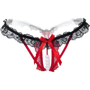 Dobovova Sexy Transparent Lace Open Crotch T Back Colored Diamond Pendant Bowknot Underpants