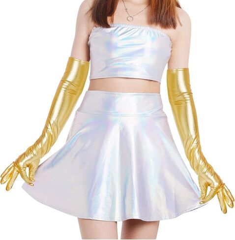 Lystaii Long Shiny Metallic Spandex Glove Elbow Length Opera Gloves 20s Party Cosplay in Saudi Arabia