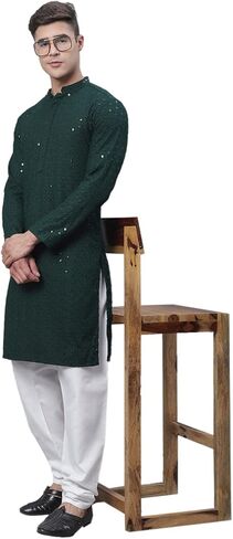 Sojanya (Since 1958, Men's Pure Cotton Mustard Embroidered Sequined Kurta and White Pyjama Set in Saudi Arabia