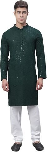 Sojanya (Since 1958, Men's Pure Cotton Mustard Embroidered Sequined Kurta and White Pyjama Set in Saudi Arabia