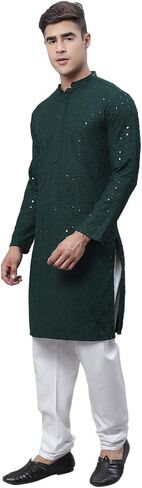 Sojanya (Since 1958, Men's Pure Cotton Mustard Embroidered Sequined Kurta and White Pyjama Set in Saudi Arabia