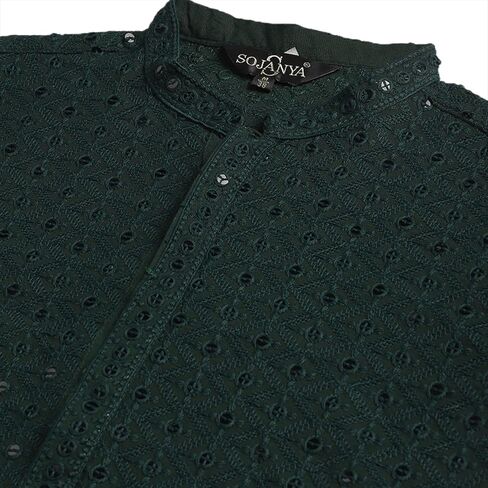 Sojanya (Since 1958, Men's Pure Cotton Mustard Embroidered Sequined Kurta and White Pyjama Set in Saudi Arabia