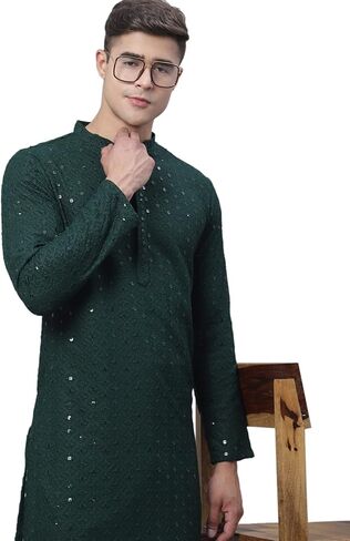 Sojanya (Since 1958, Men's Pure Cotton Mustard Embroidered Sequined Kurta and White Pyjama Set in Saudi Arabia