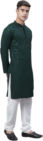 Sojanya (Since 1958, Men's Pure Cotton Mustard Embroidered Sequined Kurta and White Pyjama Set in Saudi Arabia
